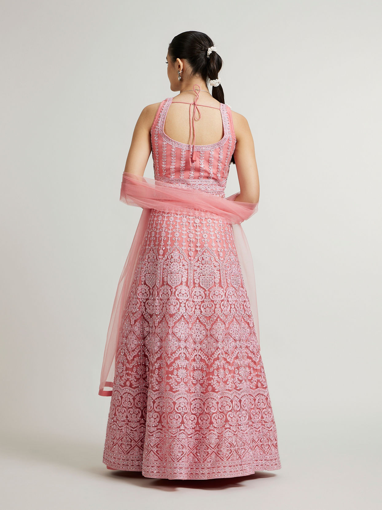 Mohey Women Dusty Pink Floral & Leaf Embroidered Anarkali Suit with Rhinestone Work