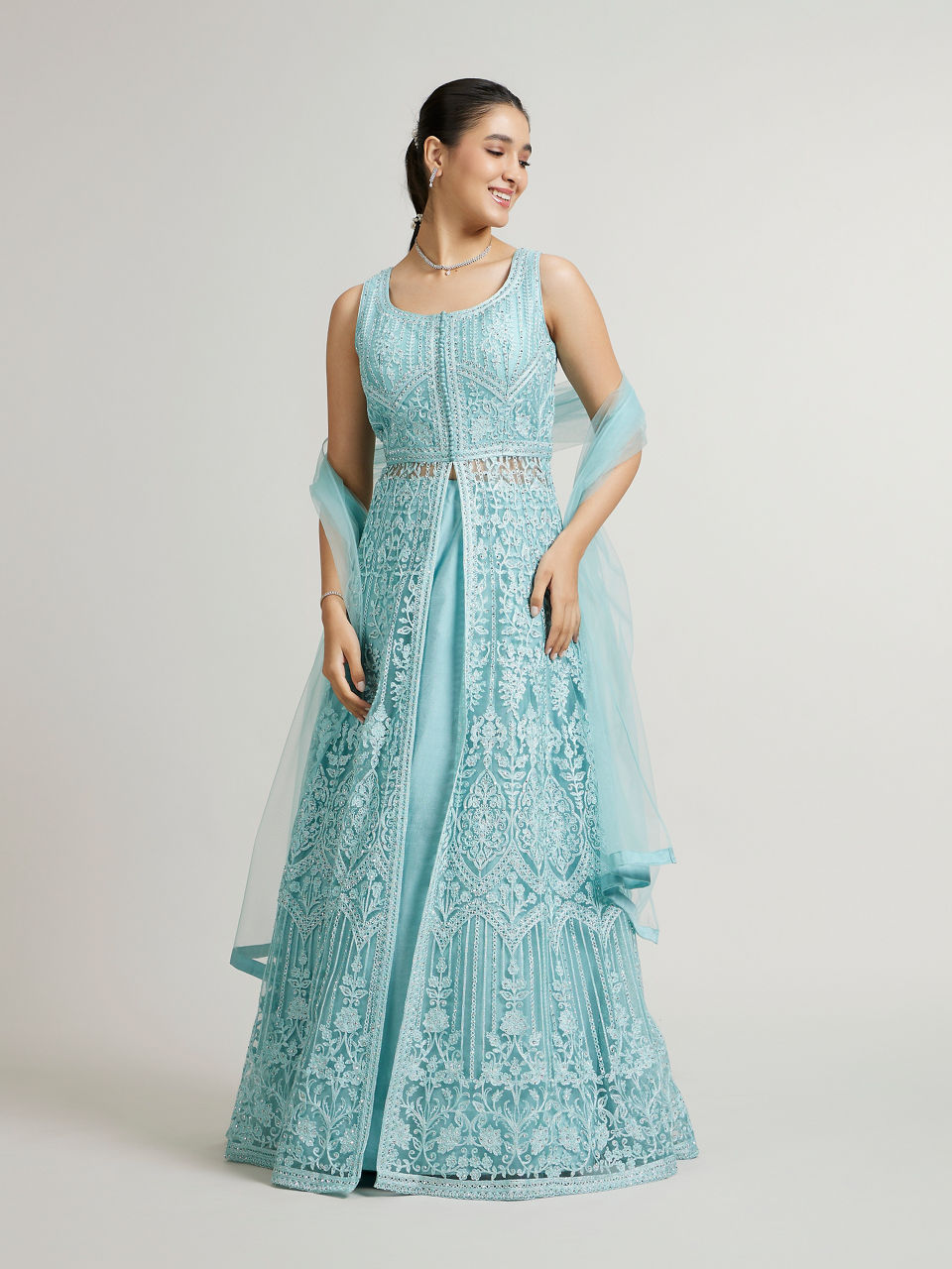 Mohey Women Powder Blue Bel Buti Embroidered Anarkali Suit with Sequin Work