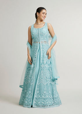 Mohey Women Powder Blue Bel Buti Embroidered Anarkali Suit with Sequin Work