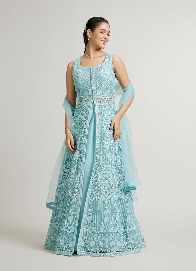 Mohey Women Powder Blue Bel Buti Embroidered Stitched Suit with Sequin Work image number 0