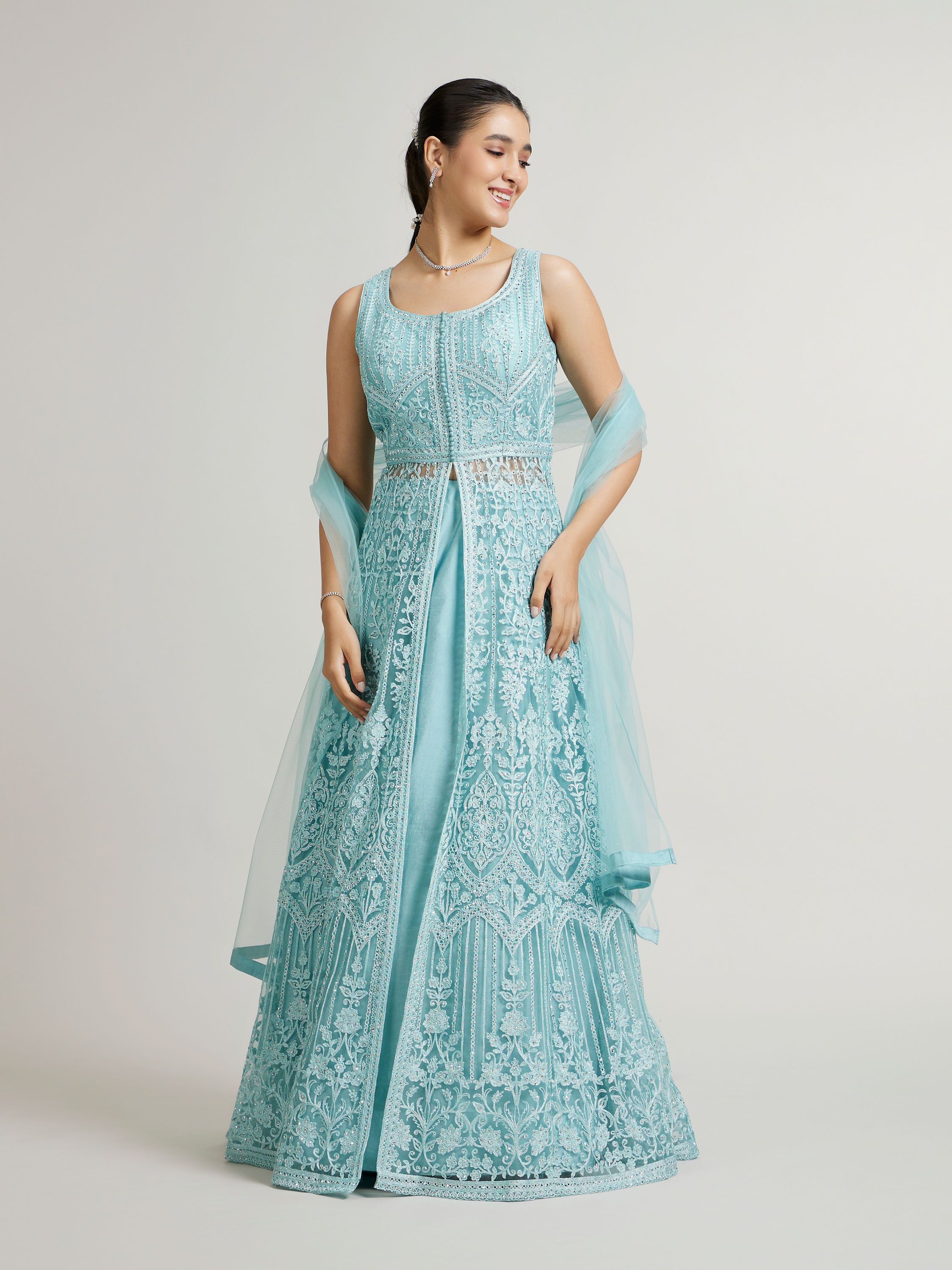 Mohey Women Powder Blue Bel Buti Embroidered Stitched Suit with Sequin Work