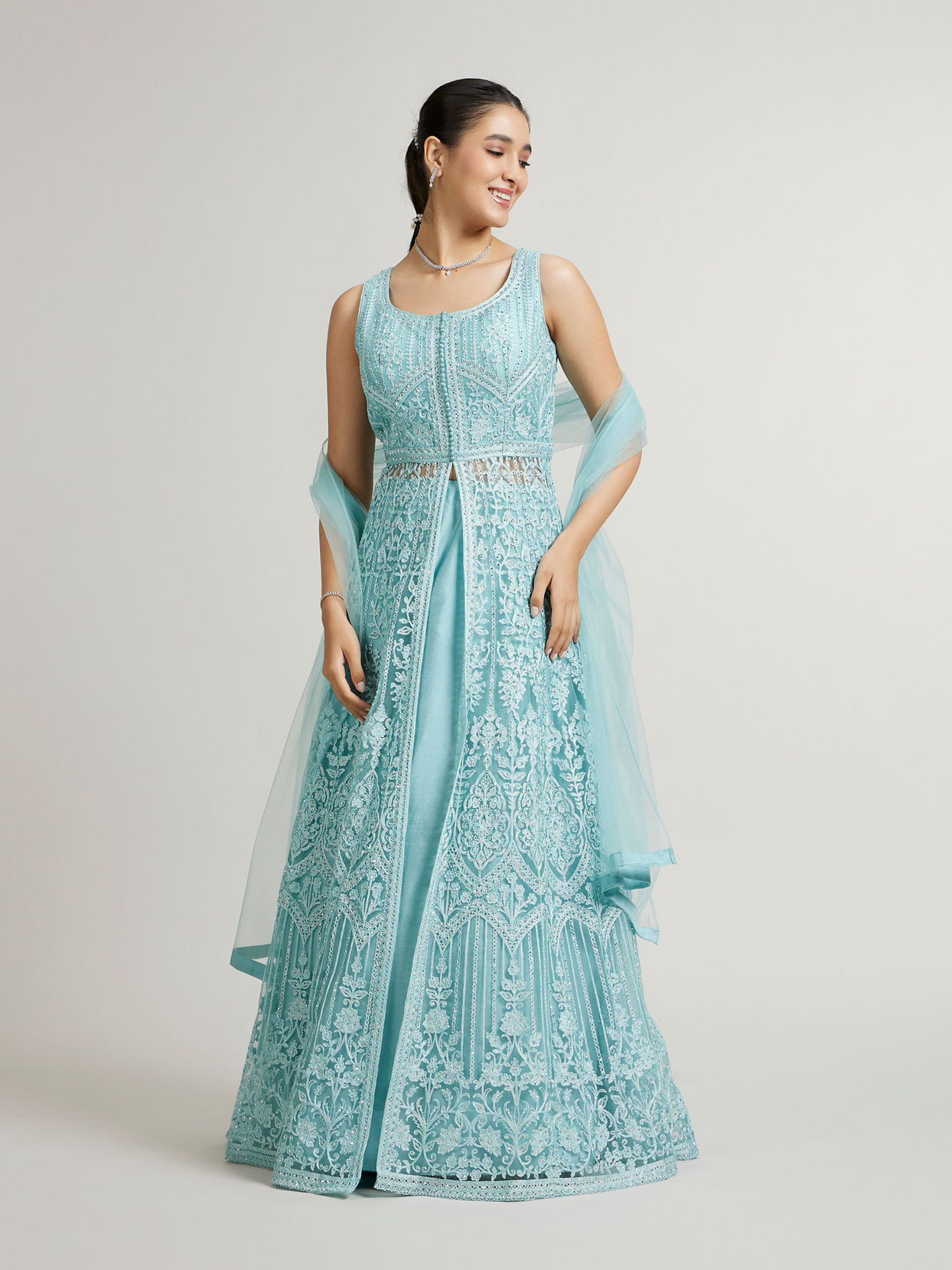 Mohey Women Powder Blue Bel Buti Embroidered Stitched Suit with Sequin Work image number 0