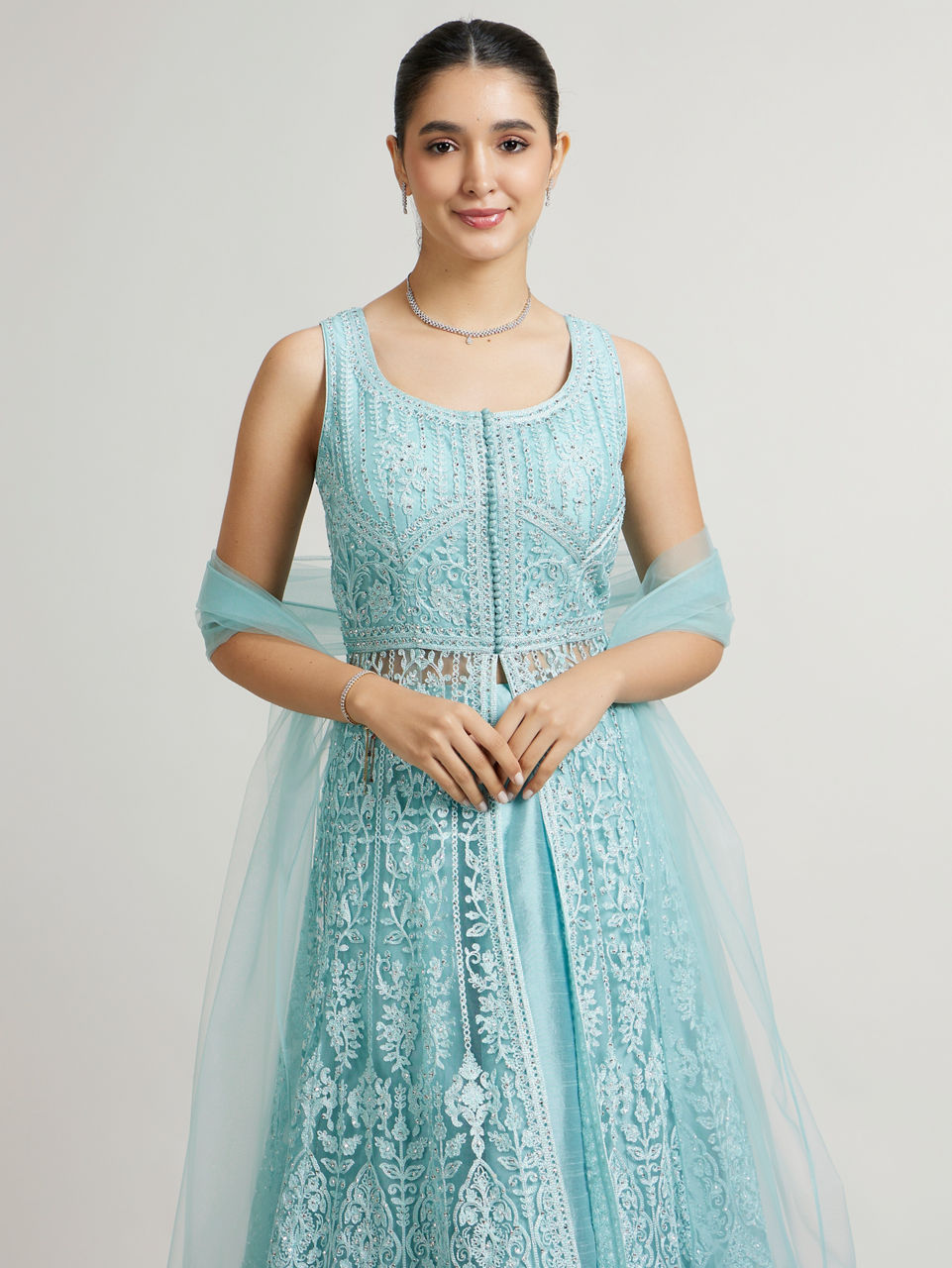 Mohey Women Powder Blue Bel Buti Embroidered Anarkali Suit with Sequin Work