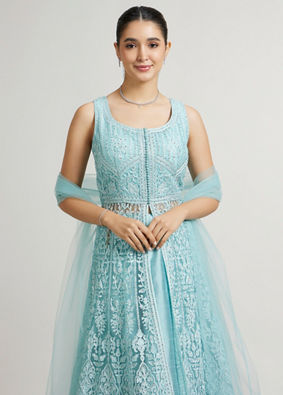 Mohey Women Powder Blue Bel Buti Embroidered Anarkali Suit with Sequin Work