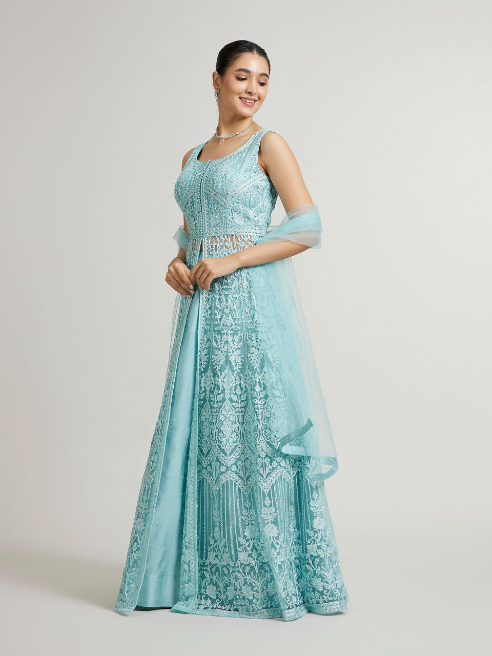 Mohey Women Powder Blue Bel Buti Embroidered Anarkali Suit with Sequin Work