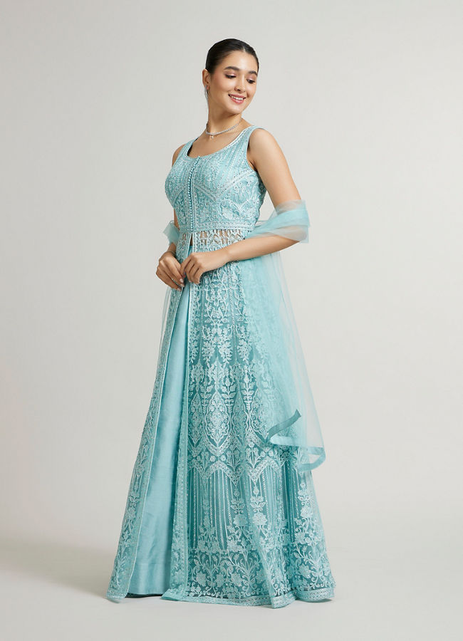 Mohey Women Powder Blue Bel Buti Embroidered Anarkali Suit with Sequin Work