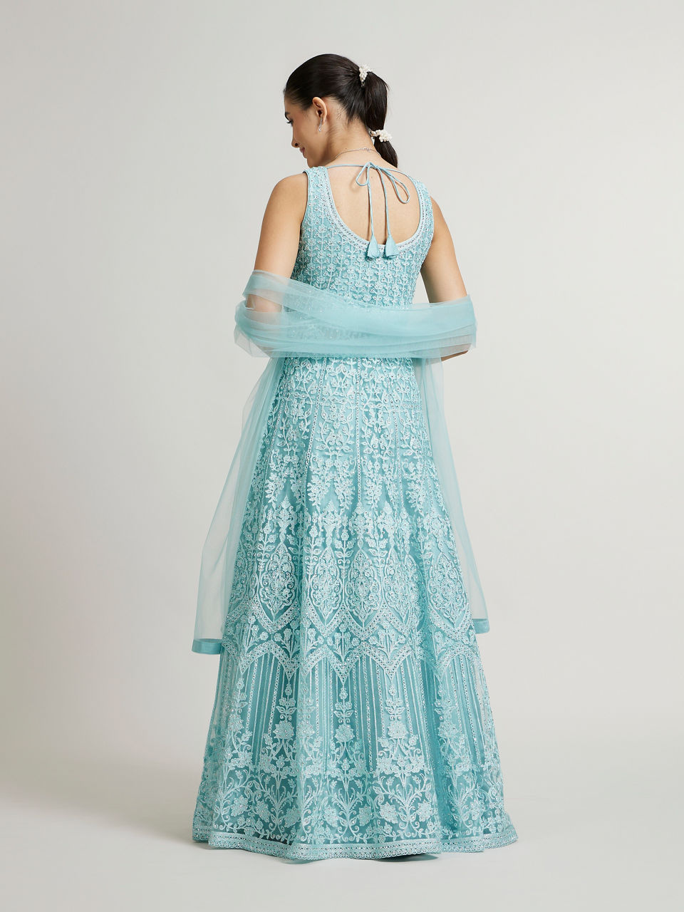 Mohey Women Powder Blue Bel Buti Embroidered Anarkali Suit with Sequin Work
