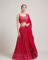 Mohey Women Rani Red Jaal Embroidered Crop Top Lehenga with Mirror & Rhinestone Work