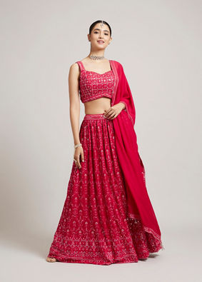 Mohey Women Rani Red Jaal Embroidered Crop Top Lehenga with Mirror & Rhinestone Work