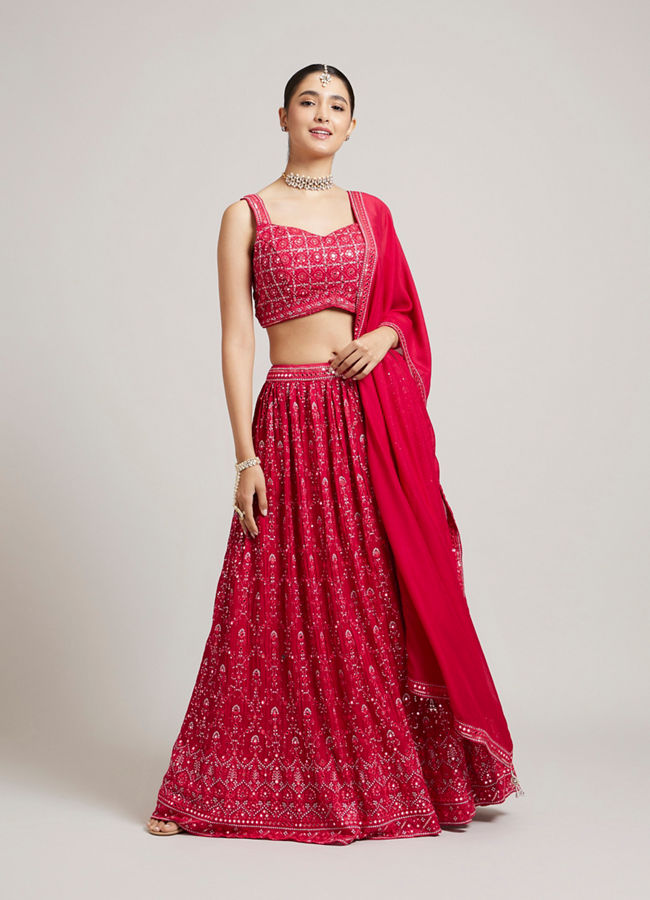 Mohey Women Rani Red Jaal Embroidered Crop Top Lehenga with Mirror & Rhinestone Work
