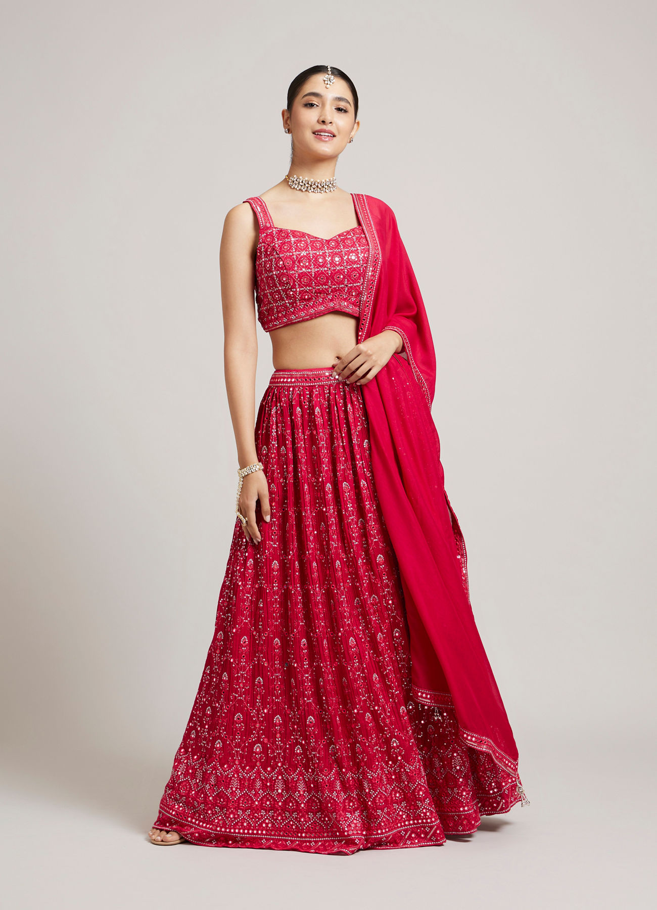 Mohey Women Rani Red Jaal Embroidered Crop Top Lehenga with Mirror & Rhinestone Work