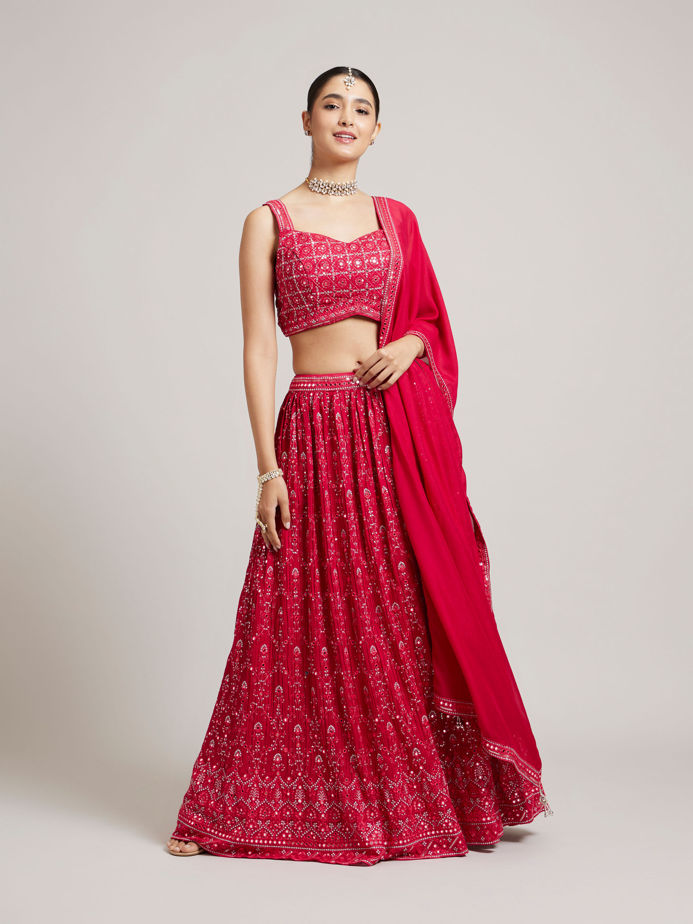 Mohey Women Rani Red Jaal Embroidered Crop Top Lehenga with Mirror & Rhinestone Work