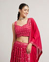 Mohey Women Rani Red Jaal Embroidered Crop Top Lehenga with Mirror & Rhinestone Work