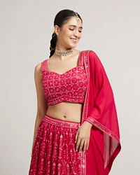 Mohey Women Rani Red Jaal Embroidered Crop Top Lehenga with Mirror & Rhinestone Work