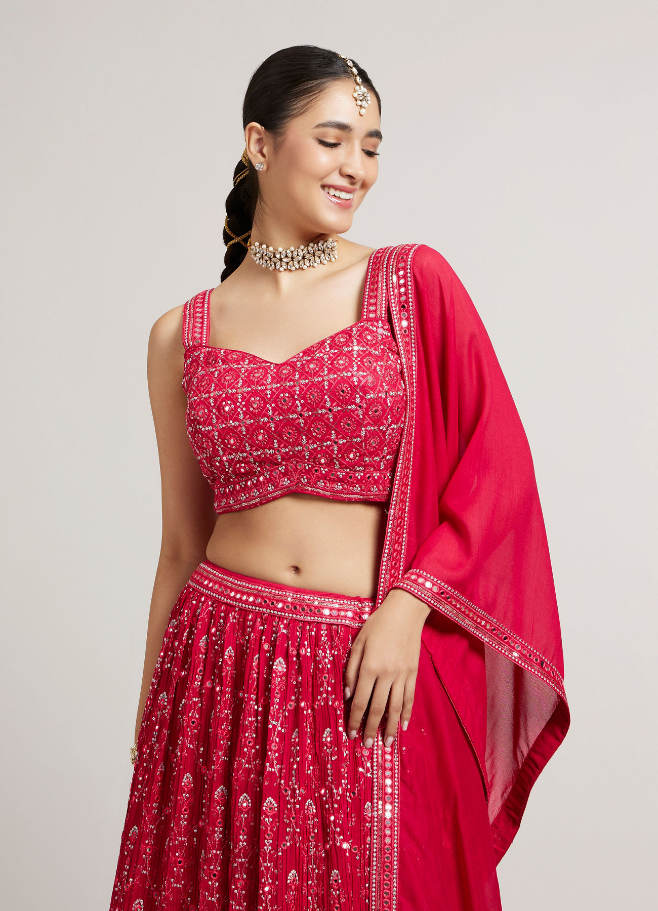 Mohey Women Rani Red Jaal Embroidered Crop Top Lehenga with Mirror & Rhinestone Work