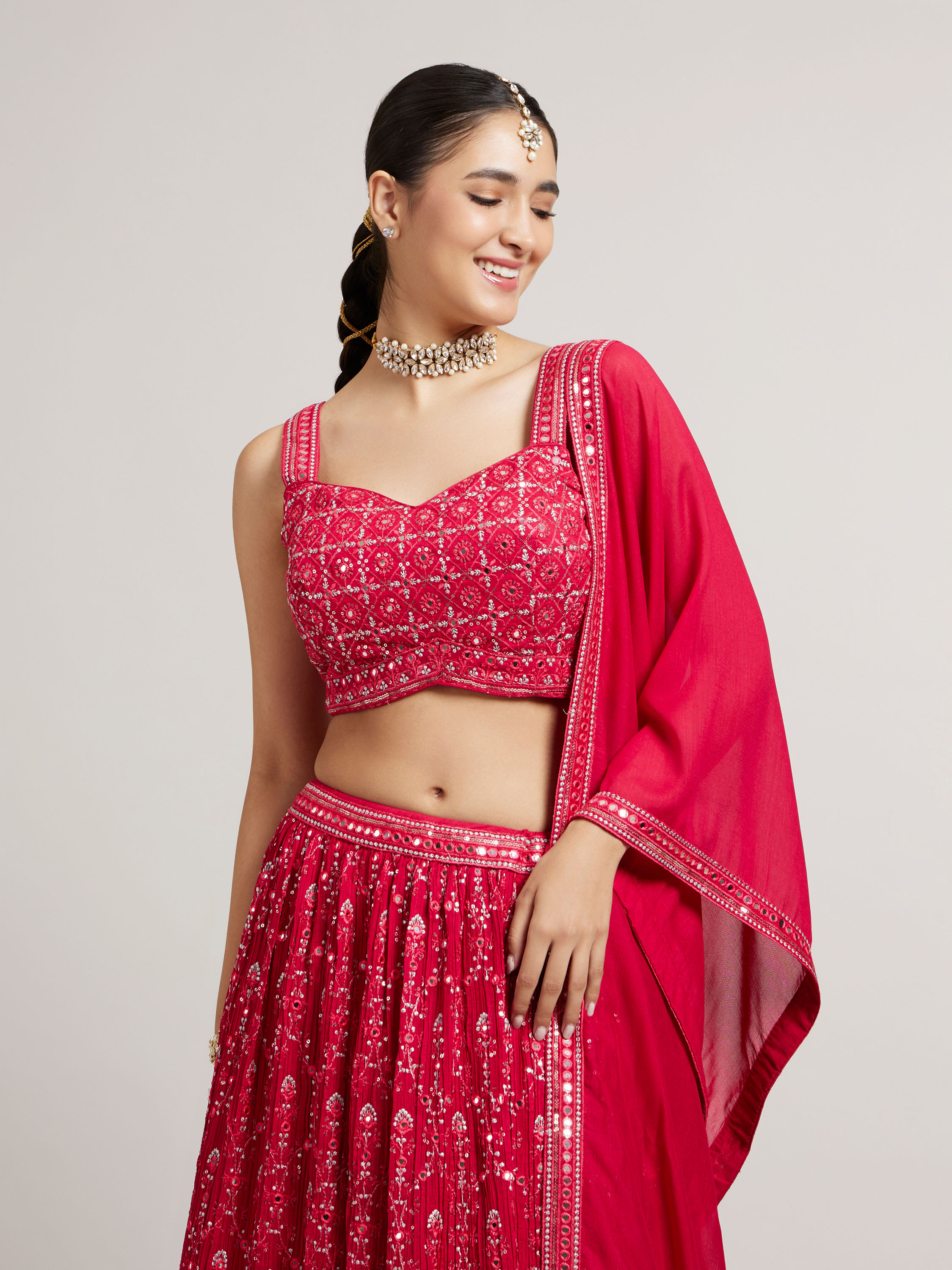 Mohey Women Rani Red Jaal Embroidered Crop Top Lehenga with Mirror & Rhinestone Work