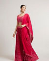 Mohey Women Rani Red Jaal Embroidered Crop Top Lehenga with Mirror & Rhinestone Work