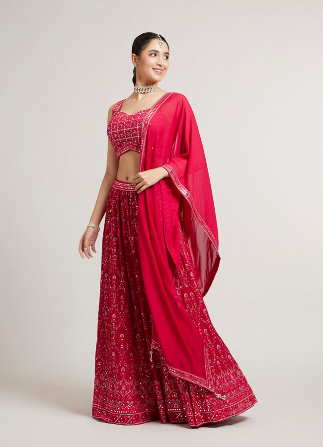 Mohey Women Rani Red Jaal Embroidered Crop Top Lehenga with Mirror & Rhinestone Work