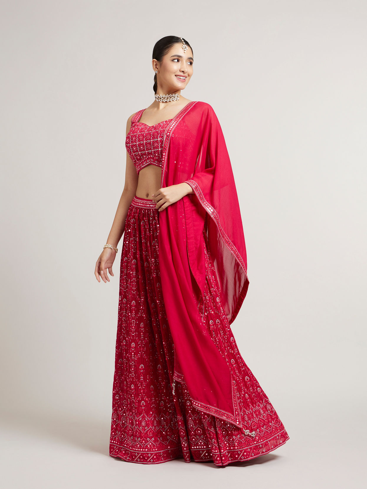 Mohey Women Rani Red Jaal Embroidered Crop Top Lehenga with Mirror & Rhinestone Work