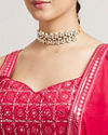 Mohey Women Rani Red Jaal Embroidered Crop Top Lehenga with Mirror & Rhinestone Work