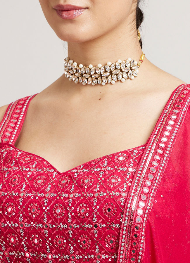 Mohey Women Rani Red Jaal Embroidered Crop Top Lehenga with Mirror & Rhinestone Work