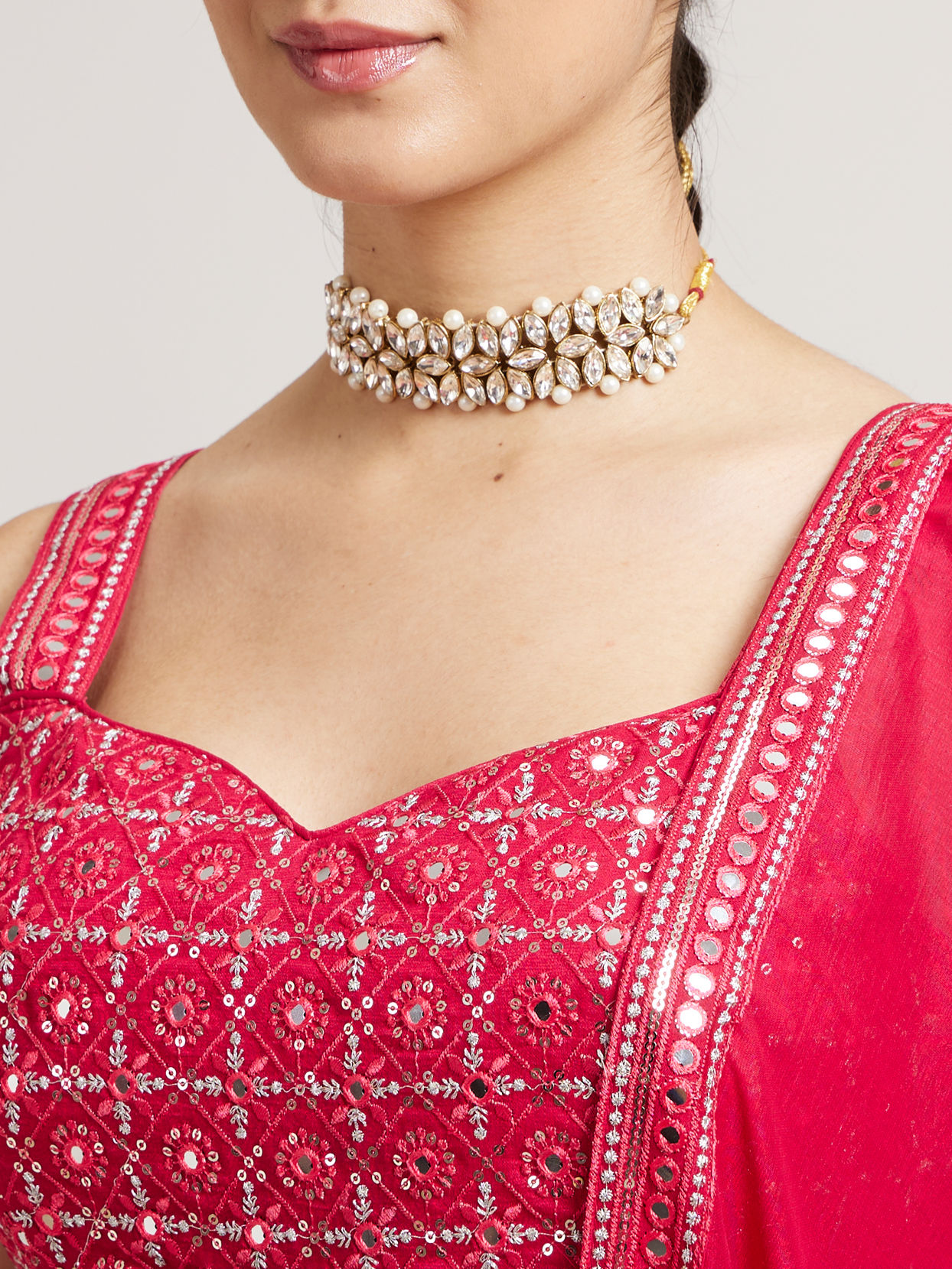 Mohey Women Rani Red Jaal Embroidered Crop Top Lehenga with Mirror & Rhinestone Work