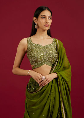 Mohey Women Green Lehenga with Mirror Work