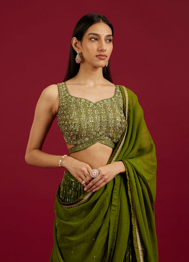 Mohey Women Green Lehenga with Mirror Work