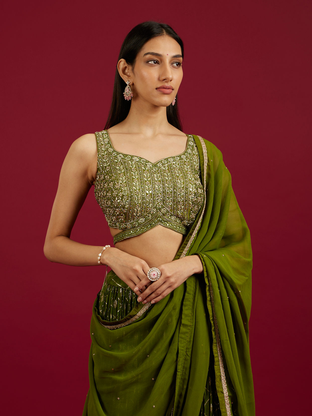 Mohey Women Green Lehenga with Mirror Work