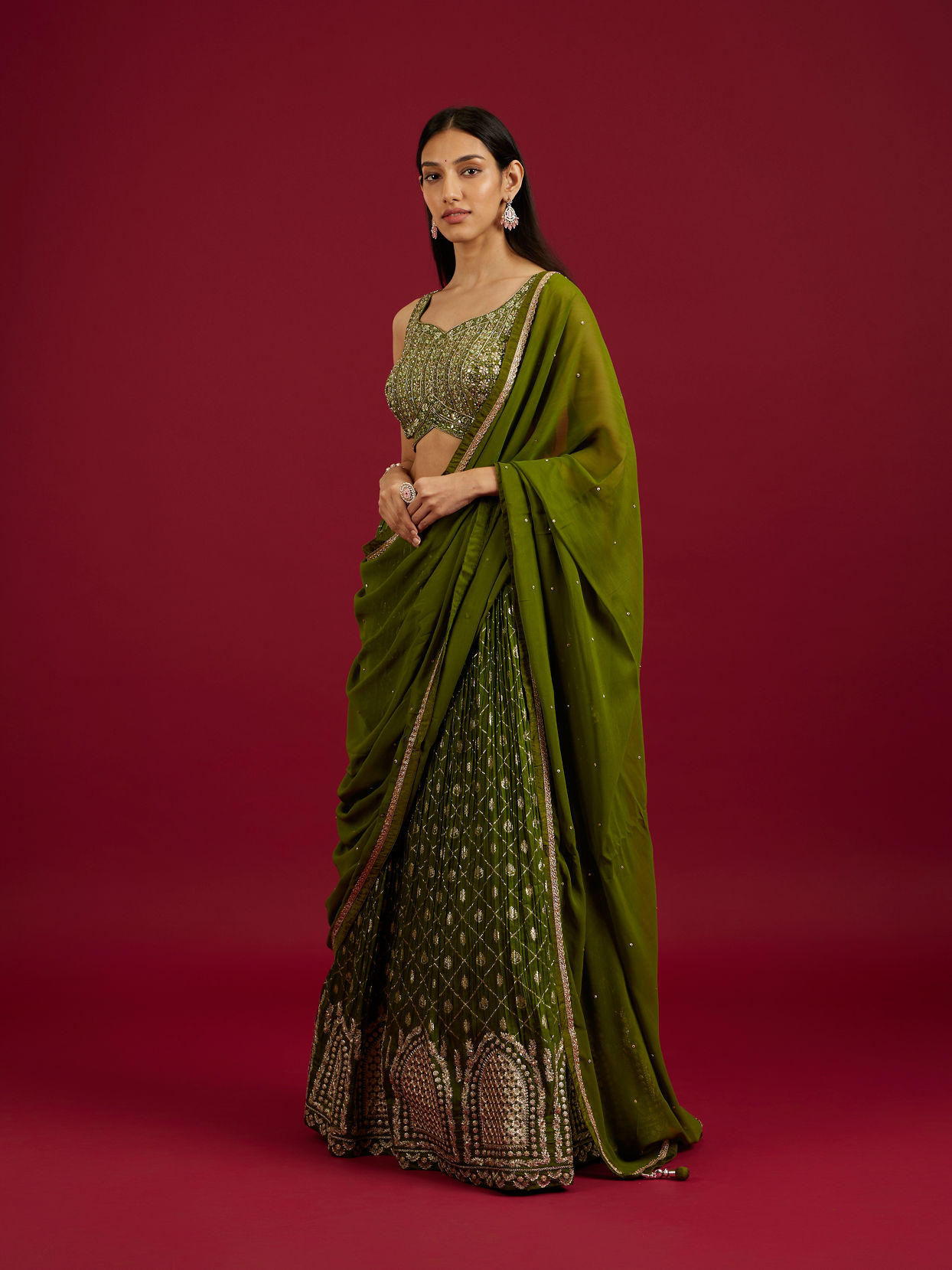 Mohey Women Green Art Silk Lehenga with Mirror Work image number 2