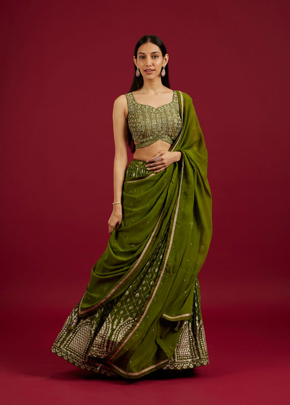 Mohey Women Green Art Silk Lehenga with Mirror Work