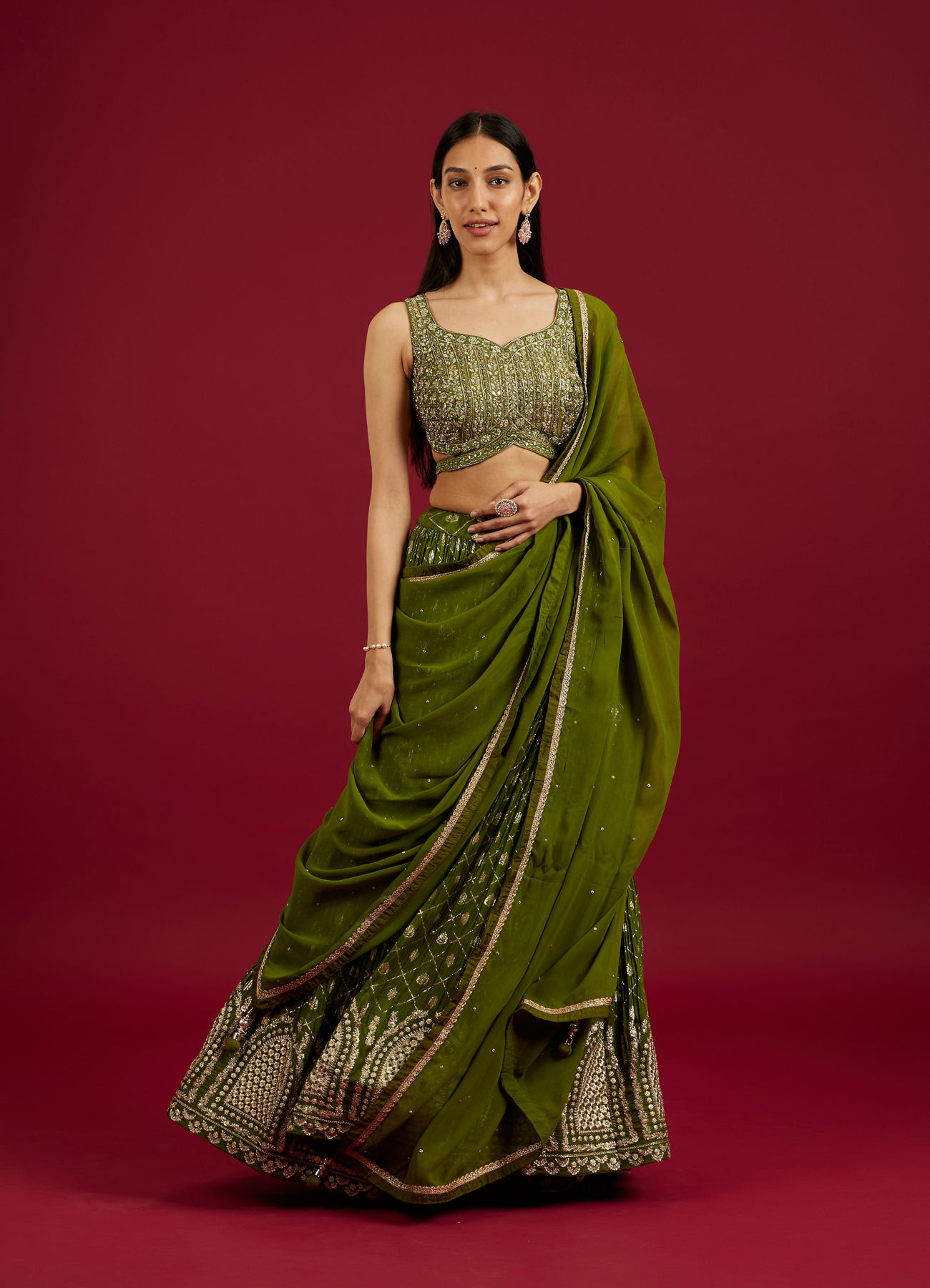 Mohey Women Green Art Silk Lehenga with Mirror Work