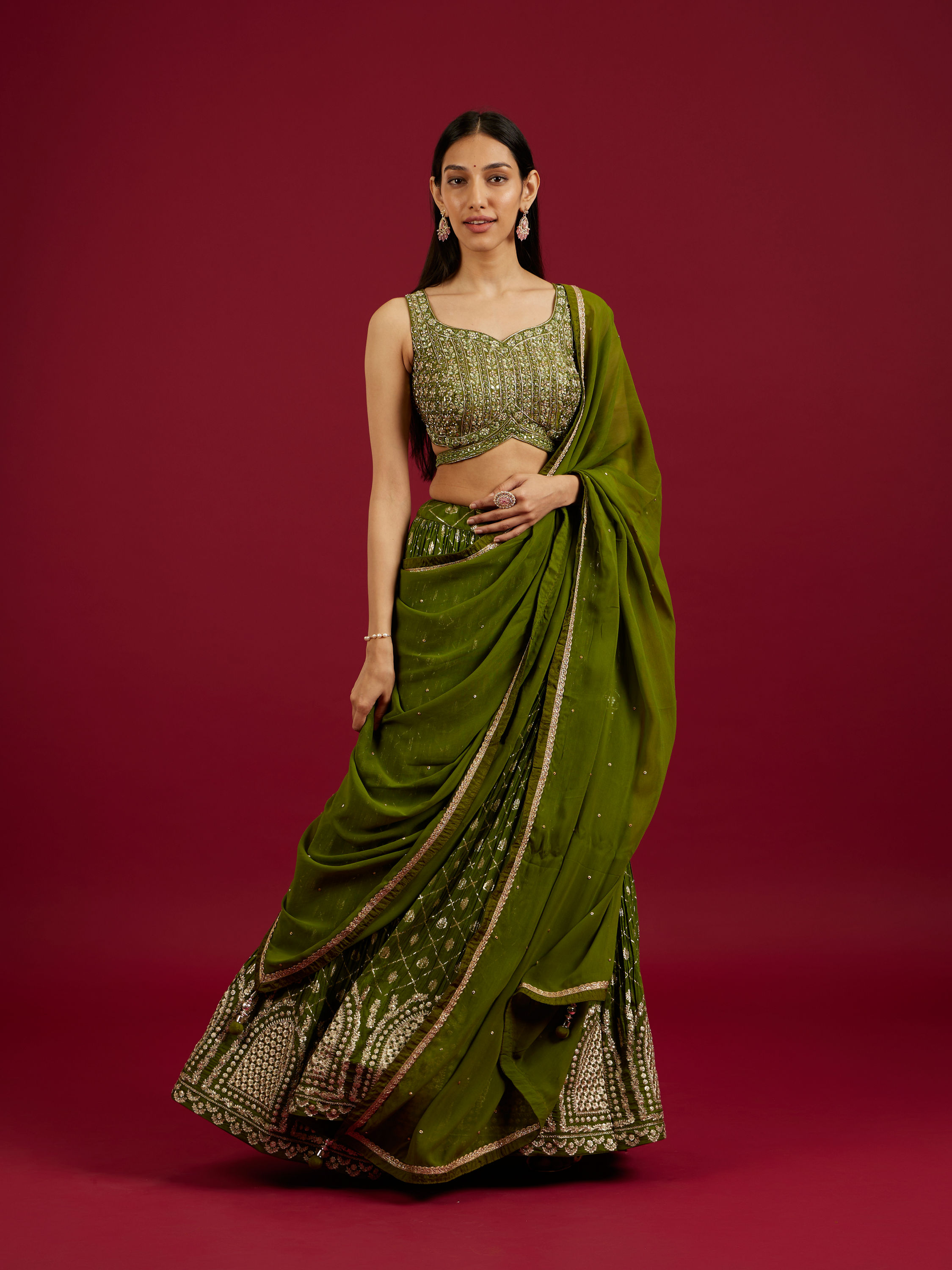 Mohey Women Green Art Silk Lehenga with Mirror Work