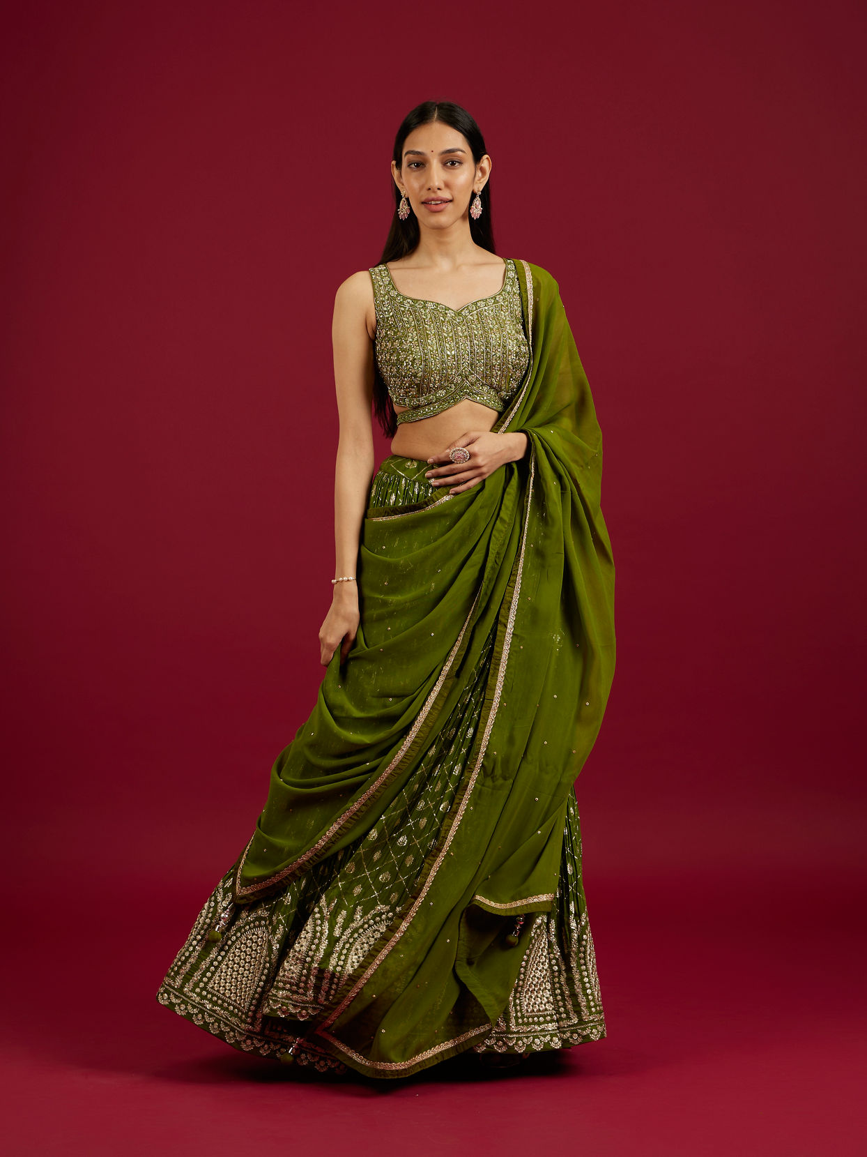 Mohey Women Green Lehenga with Mirror Work