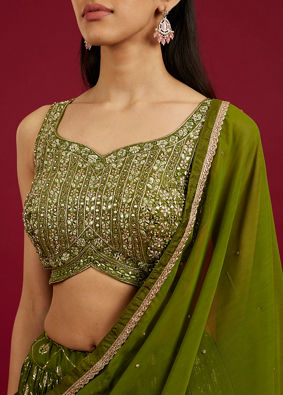 Mohey Women Green Art Silk Lehenga with Mirror Work image number 3