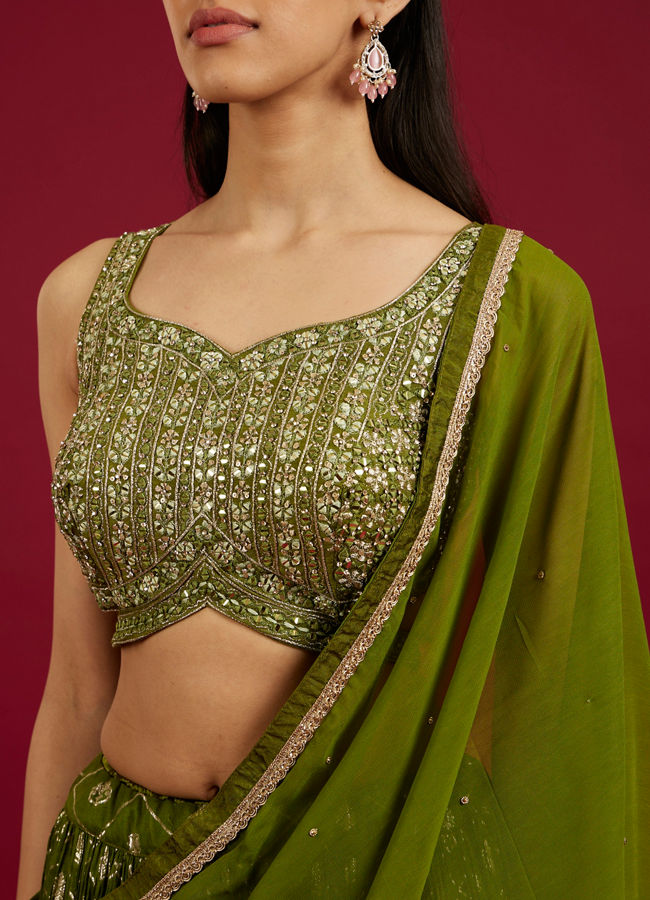 Mohey Women Green Art Silk Lehenga with Mirror Work