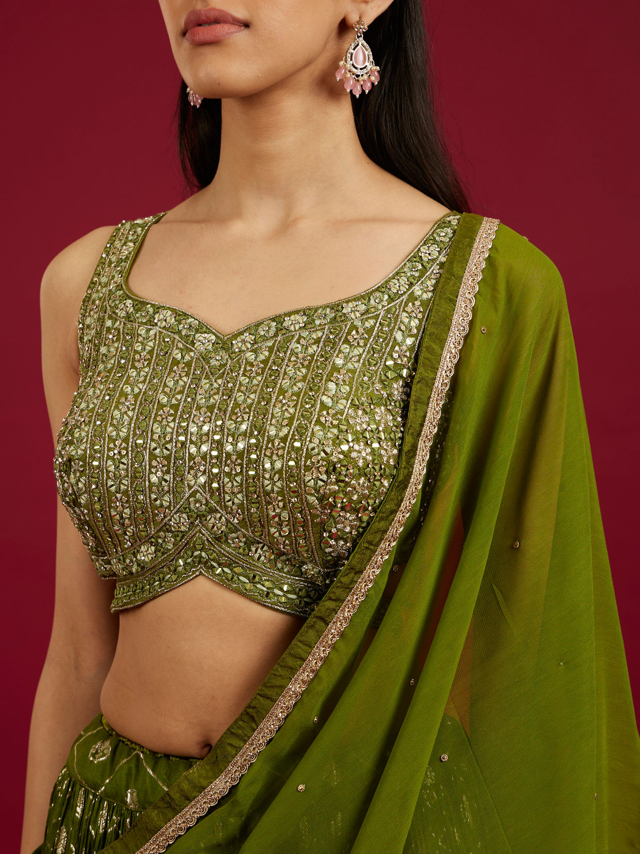 Mohey Women Green Art Silk Lehenga with Mirror Work image number 3