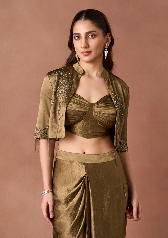 Twamev Women Pista Green Silk Indo Western Jacket Lahenga