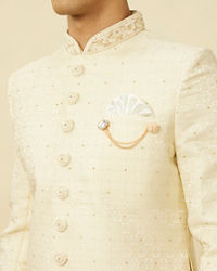 Manyavar Men Pearled Ivory White Medallion Patterned Sherwani Set