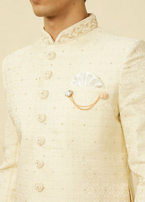 Manyavar Men Pearled Ivory White Medallion Patterned Sherwani Set