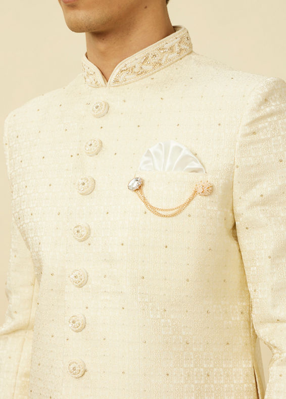 Manyavar Men Pearled Ivory White Medallion Patterned Sherwani Set