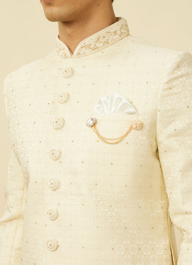 Manyavar Men Pearled Ivory White Medallion Patterned Sherwani Set image number 1