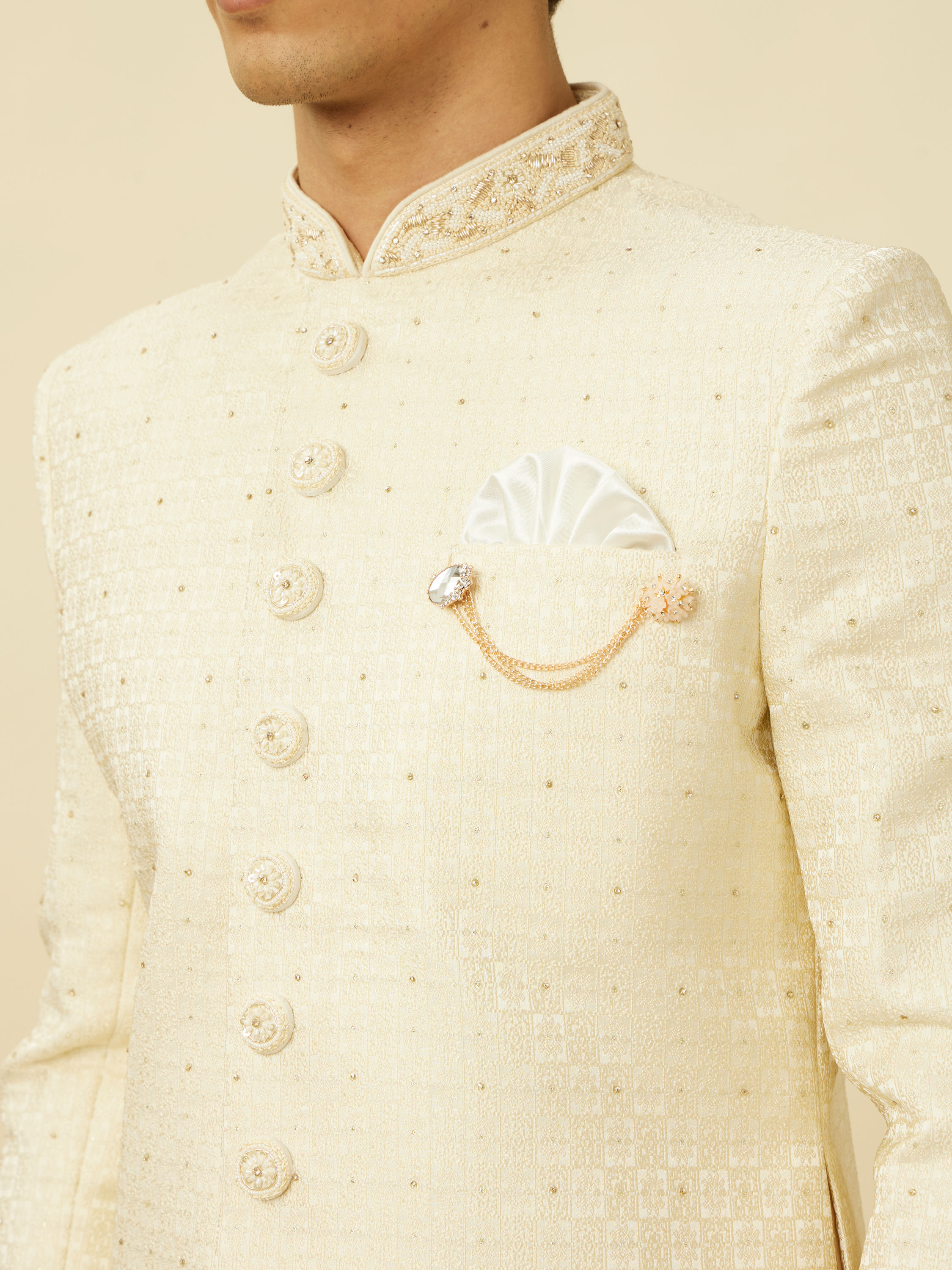 Manyavar Men Pearled Ivory White Medallion Patterned Sherwani Set
