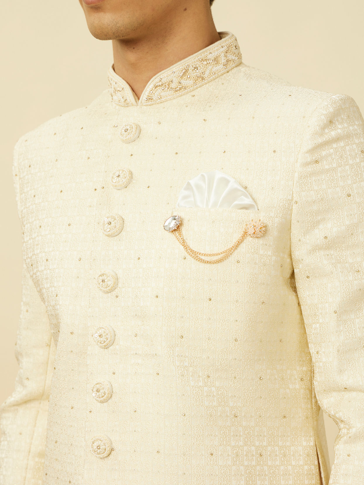 Manyavar Men Pearled Ivory White Medallion Patterned Sherwani Set image number 1