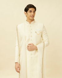 Manyavar Men Pearled Ivory White Medallion Patterned Sherwani Set