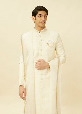 Manyavar Men Pearled Ivory White Medallion Patterned Sherwani Set