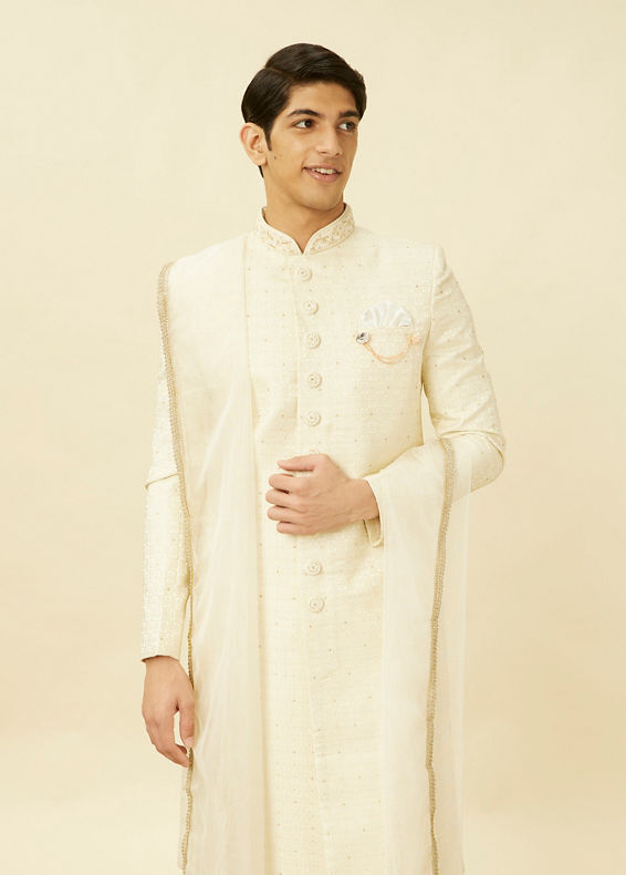 Manyavar Men Pearled Ivory White Medallion Patterned Sherwani Set