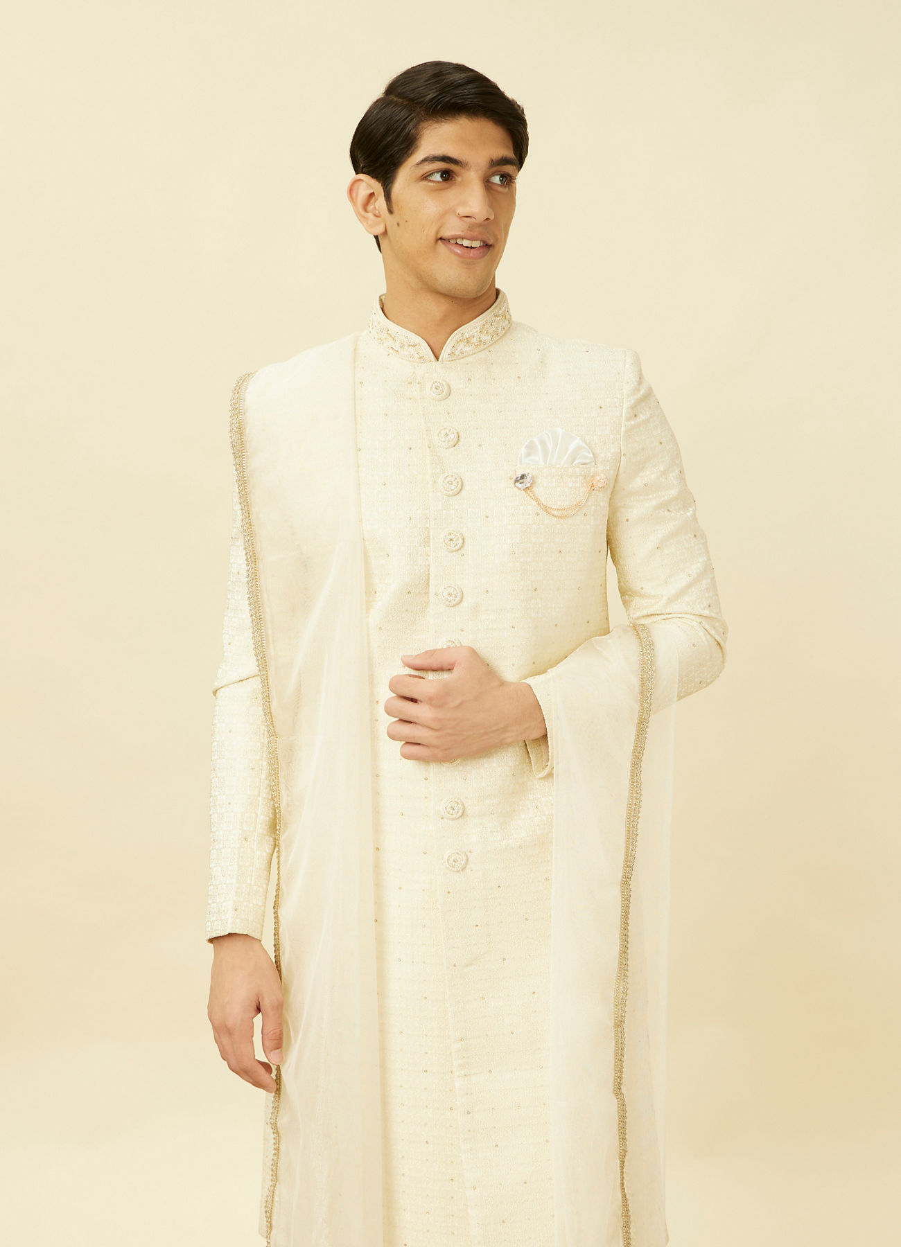 Manyavar Men Pearled Ivory White Medallion Patterned Sherwani Set