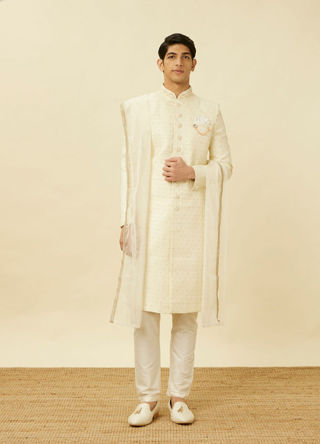 Manyavar Men Pearled Ivory White Medallion Patterned Sherwani Set image number 2