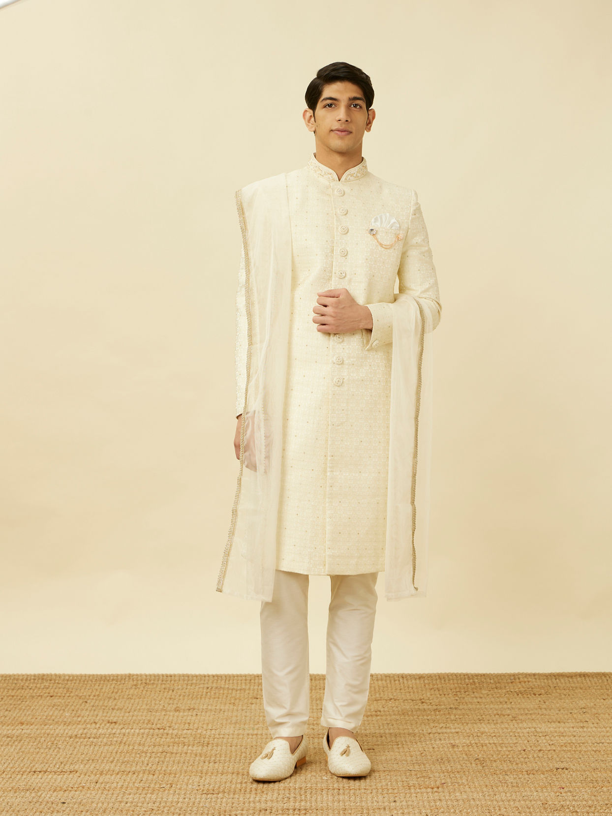 Manyavar Men Pearled Ivory White Medallion Patterned Sherwani Set